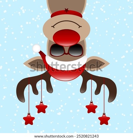 Reindeer Sunglasses Upside Down With Hanging Stars On Antlers Snow Blue Dark Red