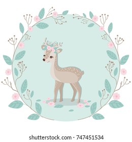 Reindeer and sweet floral wreath with circle border with blue background vector