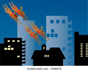 reindeer swooping though the city