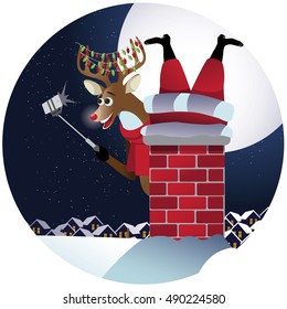 Reindeer takes a selfie with Santa Claus stuck in the chimney. EPS 10 vector,.