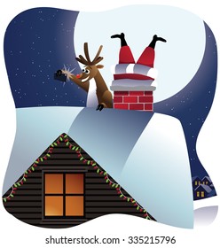 Reindeer takes a selfie with Santa stuck in the chimney. EPS 10 vector, grouped for easy editing. No open shapes or paths.