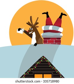 Reindeer takes a selfie with Santa stuck in the chimney. EPS 10 vector, grouped for easy editing. No open shapes or paths.