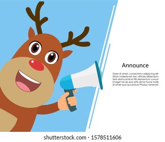 Reindeer talk announcing through a megaphone and white template background