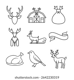 Reindeer themed artwork with antlers barn food bag harness sleigh track ribbon roasted turkey robin and Rudolph for joyful decor Vector line art on white background.