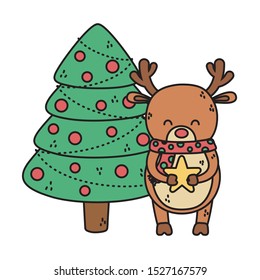 reindeer with tree balls star decoration merry christmas vector illustration