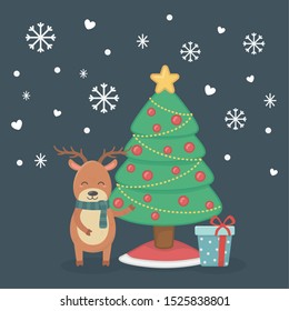reindeer tree gift and snowflakes celebration merry christmas poster vector illustration
