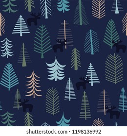 Reindeer and trees Christmas holidays seamless pattern. Hand drawn vector illustration. Festive blue Scandinavian background. Fabric, paper, web banner, invitation, card, wrapping, decor, gift wrap