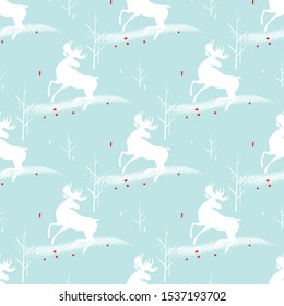 
Reindeer and trees. Seamless pattern with deer. Christmas texture, holiday print for fabric, wrapping paper for New Year celebration, winter design element for greeting card, calendar.