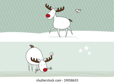 Reindeer trotting & reindeer eating - with a little robin