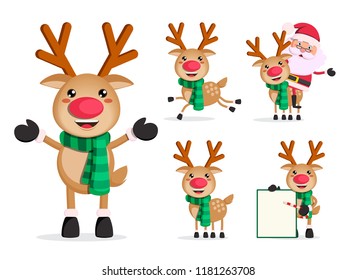 Reindeer vector character set.  christmas cartoon characters with santa claus isolated in white background. Vector illustration.
