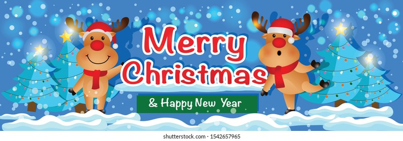 Reindeer vector christmas characters waiving hand with merry christmas greeting in red background. Vector illustration christmas template.
