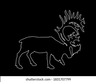 Reindeer vector line contour silhouette illustration isolated on black background. Rein deer powerful animal. Christmas holiday symbol. Santa Claus best friend. Huge antlers buck.