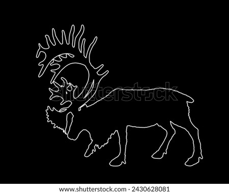 Reindeer vector line contour silhouette illustration isolated on black background. Rein deer powerful animal. Christmas holiday symbol. Santa Claus best friend. Huge antlers buck.