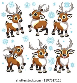 reindeer vector set. Cartoon collection of funny Christmas tiny caribou deer in different poses . Isolated illustrations for little kids 