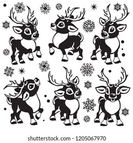 reindeer vector set. Cartoon collection of funny Christmas tiny caribou deer in different poses .Black and white  isolated illustrations for little kids 