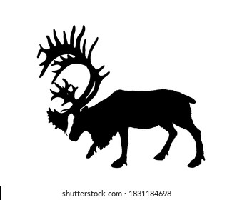 Reindeer vector silhouette illustration isolated on white background. Rein deer powerful animal. Christmas holiday symbol. Santa Claus best friend. Huge antlers buck.