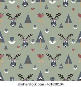 Reindeer vintage hand drawn pattern with tribal elements. Winter illustration with trendy deer head. This illustration can be used as a greeting card, poster or print. 