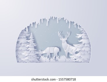 Reindeer walks through a forest in the beginning of winter,Christmas and Happy New Year,Paper art design and craft style