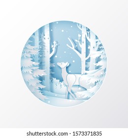 Reindeer walks through a forest in the beginning of winter,Christmas and Happy New Year,Paper art design and craft style