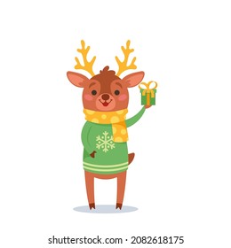 Reindeer Wear Funny Winter Sweater and Scarf Holding Gift in Hand Celebrate New Year or Christmas. Cute Forest Animal Cartoon Character Celebrate Xmas Holidays. Vector Illustration