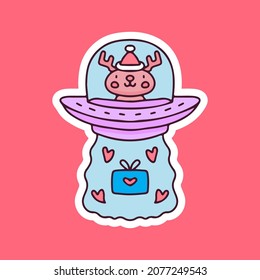 Reindeer wear Santa hat ride spaceship and bring Christmas gift illustration. Vector graphics for merch prints and other uses.