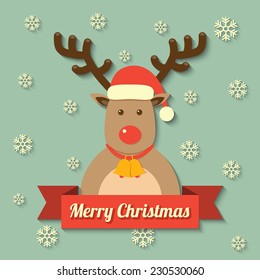 a reindeer wearing Christmas red hat with merry Christmas on red ribbon badge and snowflake background. vector.