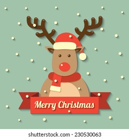 a reindeer wearing Christmas red hat and scarf with merry Christmas on red ribbon badge and snow background. vector.