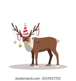 A reindeer wearing a festive Christmas party hat