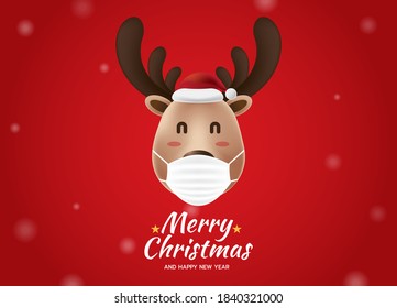 Reindeer wearing a protective face mask on red background. Merry Christmas and Happy New Year. Health care during COVID-19 pandemic. Vector illustration.