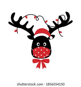 Reindeer wearing red medical face mask and Santa hat in flat design. Merry Christmas festival celebration in Covid-19 Coronavirus outbreak concept vector illustration.