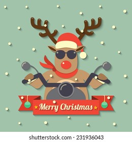 A reindeer wearing sunglasses and riding motorcycle within Merry Christmas ribbon badge on snow background. vector.