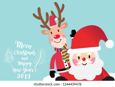 Reindeer wears a Santa Claus suit, A reindeer Christmas cartoon character wearing a Santa Claus hat, Merry Christmas. Santa and reindeer cartoon characters, merry Christmas card 