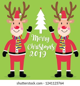 Reindeer wears a Santa Claus suit,A reindeer Christmas cartoon character wearing a Santa Claus hat,Merry Christmas. Santa reindeer snowman and penguin cute cartoon characters,merry christmas card 