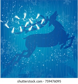 Reindeer White Christmas Lights on Blue Background with Stars
