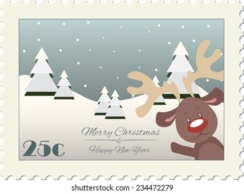 Reindeer with winter background stamp