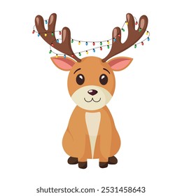 Reindeer in winter clothes and decor. Winter season festive animals pack isolated on white background. Vector illustration