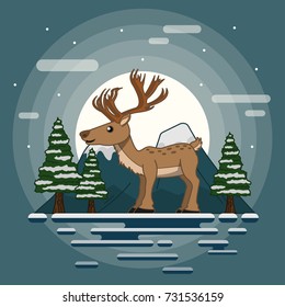 reindeer in the winter with nature, vector illustration