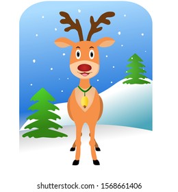 Reindeer. Winter vector illustration.
Deer on a winter background with snow, snowdrifts, Christmas trees. Beautiful deer decorated with Christmas bell.