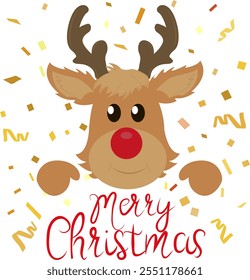 Reindeer wishes a merry Christmas. Spirit the holiday and magic. Christmas reindeer. Reindeer face. A funny cute character. Festive design.