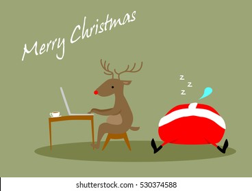 Reindeer is working on computer reading emails and Santa is sleeping on the floor. Christmas card.