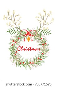 The reindeer wreath. Christmas card and New year card. The reindeer design white flower antler and wreath. The flower is vector for card. the vector is not trace or copy image.