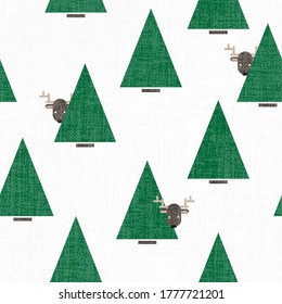 reindeers behind the trees flat textured winter animal seasonal vector seamless pattern on white background
