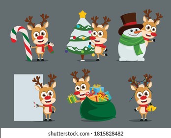 Juego de vectores de caracteres de renos. Personajes de renos en diferentes actividades navideñas posan y gestos como decoración de árboles de navidad y regalo para el diseño de temporada navideña. Ilustración del vector  