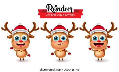 Reindeers christmas vector characters set. Reindeer character in cute facial expressions like friendly and happy for 3d xmas holiday element collection design. Vector illustration.
