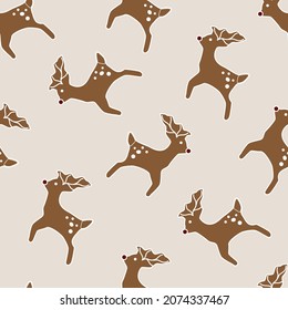 Reindeers cookies holidays vector seamless repeating pattern background. Trendy for fabric, texitle print, wallpaper, background, wrapping or invitation cards, packaging.

