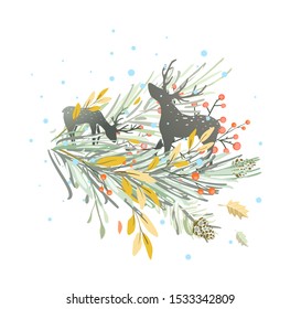 Reindeers or deers in pine tree forest holiday Christmas or New Year design. Vector holiday graphics for prints on t shirts, postcards, web design.