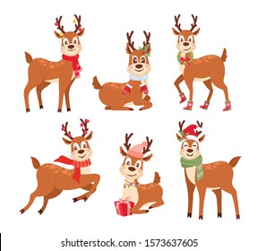 Reindeers flat vector illustrations set. Cute Santa Claus helpers with scarfs and presents. Funny deers cartoon characters collection. Winter season festive animals pack isolated on white background.