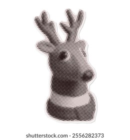Reindeer's head - Christmas torn out paper sticker in naive halftone collage style. Vector vintage clay toy.
