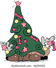 reindeers hiding behind christmas tree