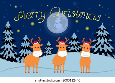 Reindeers in masks. Merry Christmas card. Vector illustration.